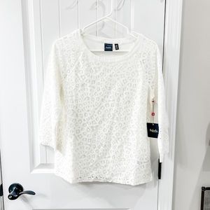Rafaella White Cream Front Lace Laser Cut Out 3/4 Sleeve Tshirt NWT